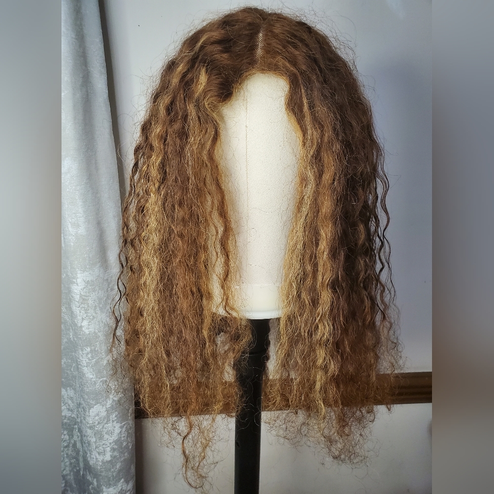 Strawberry blonde highlight curly front lace t-part human hair wig